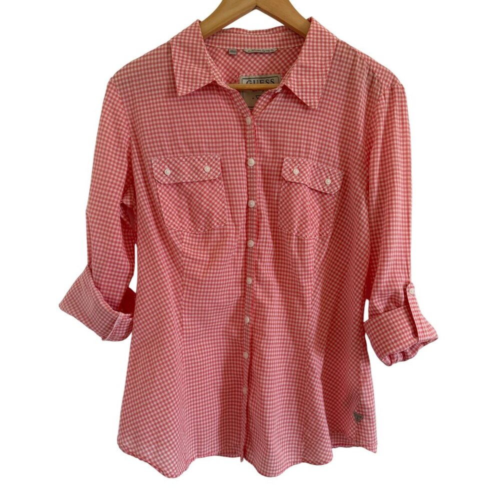 Guess Women's Coral Cowgirlcore Button Down Blouse L Western Gingham Check Soft